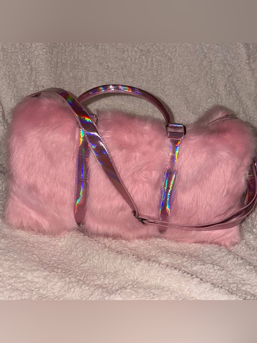 Pink Faux-Fur Shoulder Bag with Holographic Strap BROKEN ZIPPER